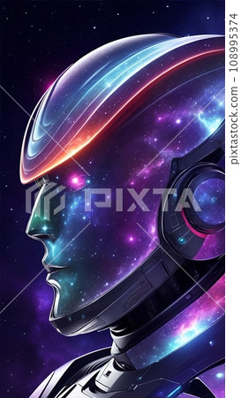 A colorful illustration that combines a robot's face with space and galaxies. 108995374