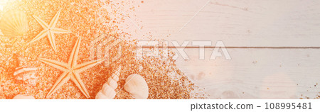 Sand seashells baner background. Summer time concept with sea shells and starfish on wooden background and sand 108995481