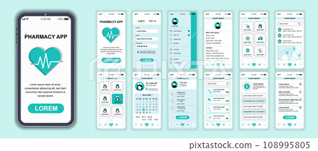 Pharmacy mobile app interface screens template set. Account login, clinic services, visit doctor, calendar, medicines shop ordering. Pack of UI, UX, GUI kit for application web layout. Vector design. Pharmacy mobile app interface screens template set. Account login, clinic services, visit doctor, calendar, medicines shop ordering. Pack of UI, UX, GUI kit for application web layout. Vector design. 108995805