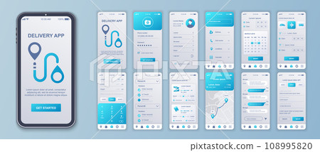 Delivery mobile app interface screens template set. Account login, logistic company services, calendar, parcel calculate, tracking. Pack of UI, UX, GUI kit for application web layout. Vector design. Delivery mobile app interface screens template set. Account login, logistic company services, calendar, parcel calculate, tracking. Pack of UI, UX, GUI kit for application web layout. Vector design. 108995820