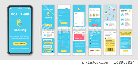 Booking mobile app interface screens template set. Account login, calendar, map locations, searching hotel room, flight ticket order. Pack of UI, UX, GUI kit for application web layout. Vector design. Booking mobile app interface screens template set. Account login, calendar, map locations, searching hotel room, flight ticket order. Pack of UI, UX, GUI kit for application web layout. Vector design. 108995824