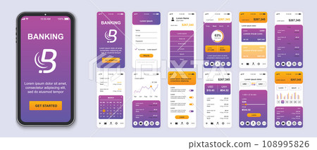 Banking mobile app interface screens template set. Account login, balance of credit card management, currency exchange, dashboards. Pack of UI, UX, GUI kit for application web layout. Vector design. 108995826