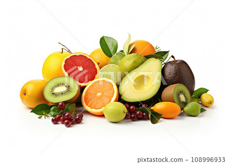 Assortment of winter fruits such as avocado, tangerines, kiwi, lemon, oranges and persimmons in a fruit isolated on white background Assortment of winter fruits such as avocado, tangerines, kiwi, lemon, oranges and persimmons in a fruit isolated on white background 108996933