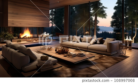 Large living room at sunset, fireplace, sofas, coffee table, panoramic windows, beautiful landscape 108997008