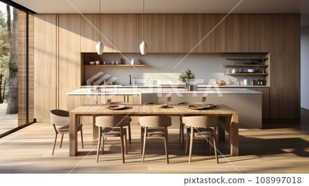 Interior of kitchen in rustic style with vintage kitchen ware and window. White furniture and wooden decor in bright indoor. Country style. 108997018