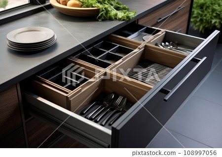 Modern kitchen, Open drawers, Set of cutlery trays in kitchen drawer. Solid oak wood cutlery drawer inserts. Modern kitchen, Open drawers, Set of cutlery trays in kitchen drawer. Solid oak wood cutlery drawer inserts. 108997056
