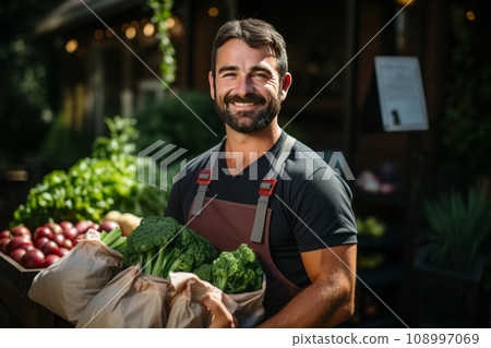 portrait of a positive baker in a shirt, apron with stubble, with a tray of baked goods, looking at the camera, against the backdrop of a bakery on a sunny day 108997069