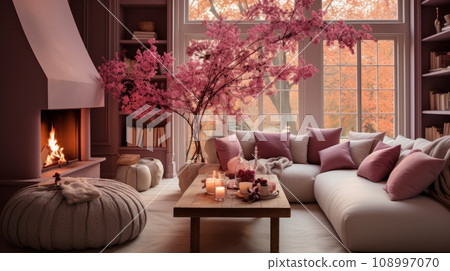Modern large living room in pink tones with furniture and indoor plants, large bright windows Modern large living room in pink tones with furniture and indoor plants, large bright windows 108997070