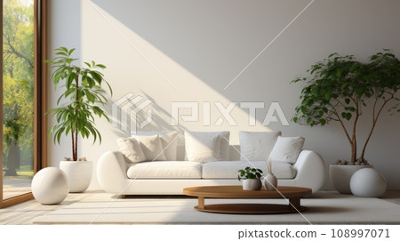 Сozy, bright apartment with huge panoramic windows flooded with sunlight. bedroom in white, beige tones. stylish living room with coffee table and large white sofa Сozy, bright apartment with huge panoramic windows flooded with sunlight. bedroom in white, beige tones. stylish living room with coffee table and large white sofa 108997071