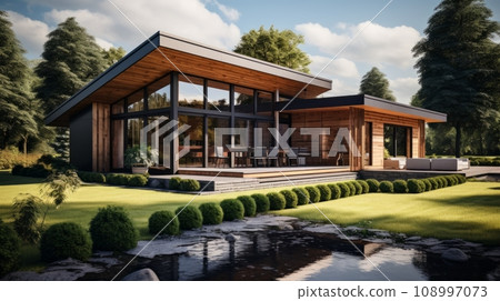 A modern house with a flat roof and panoramic windows surrounded by nature. 3D visualization A modern house with a flat roof and panoramic windows surrounded by nature. 3D visualization 108997073