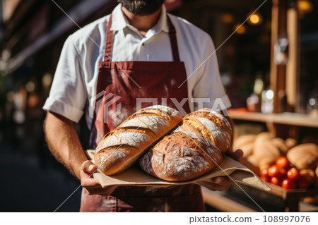 portrait of a positive baker in a shirt, apron with stubble, with a tray of baked goods, looking at the camera, against the backdrop of a bakery on a sunny day portrait of a positive baker in a shirt, apron with stubble, with a tray of baked goods, looking at the camera, against the backdrop of a bakery on a sunny day 108997076