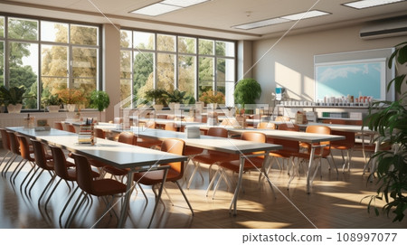 Modern school classroom interior with chairs, tables and blackboard. colored walls, maps, information posters Modern school classroom interior with chairs, tables and blackboard. colored walls, maps, information posters 108997077