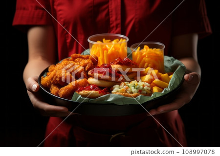 fast food set on plate. burger and potato on table. 108997078