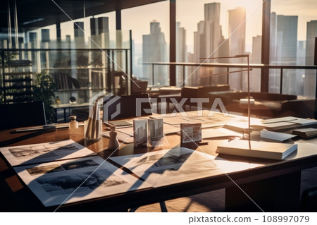 modern office interior overlooking the city skyline modern office interior overlooking the city skyline 108997079