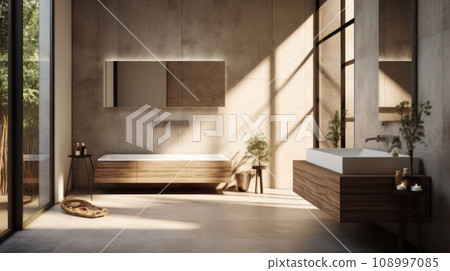 Interior design of a bathroom in a luxury American home in a rustic style using stone and wood, Venetian plaster and bright colors. 108997085