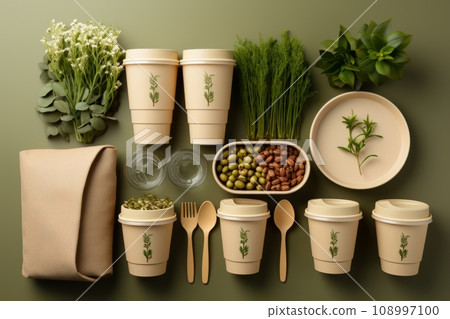 Recycling concept. A set of disposable paper tableware with a recycling sign on a green background. copy space 108997100
