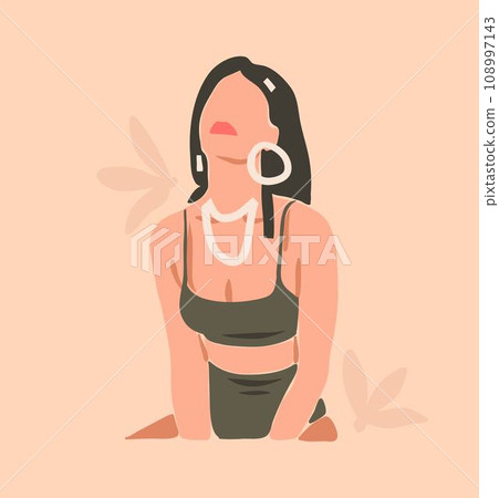 Hand drawn vector abstract stock flat graphic contemporary aesthetic fashion illustration with bohemian,beautiful modern female portrait in simple trendy minimal style isolated on pastel background 108997143