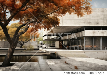 Lightweight concrete building in cubist shape with colorful autumn trees and blue sky in the background. Lightweight concrete building in cubist shape with colorful autumn trees and blue sky in the background. 108997214