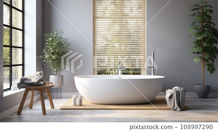 Attic interior with white walls, wooden floors and a white bathtub with a towel standing under the windows. A door in the wall and two toilets. 3D rendering Attic interior with white walls, wooden floors and a white bathtub with a towel standing under the windows. A door in the wall and two toilets. 3D rendering 108997290