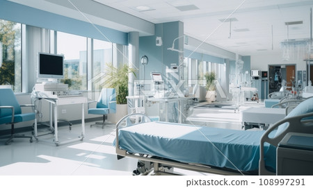 Recovery Room with beds and comfortable medical. Interior of an empty hospital room. Clean and empty room with a bed in the new medical center Recovery Room with beds and comfortable medical. Interior of an empty hospital room. Clean and empty room with a bed in the new medical center 108997291