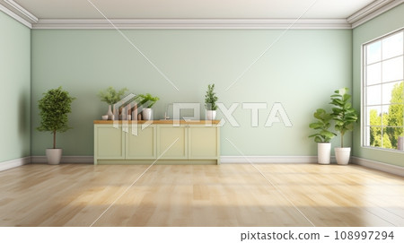 Interior living room without furniture with large windows sunlight green, pistachio walls and wooden floors, mockup for designers 108997294