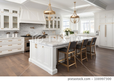 Interior of a modern bright kitchen with an island table and a hob, marble and wood finishes Interior of a modern bright kitchen with an island table and a hob, marble and wood finishes 108997300