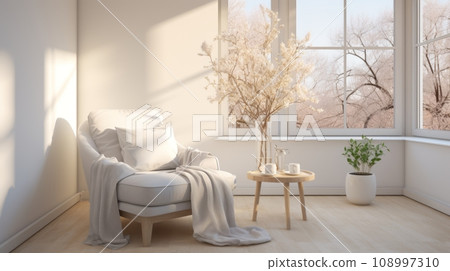 Interior of kitchen in rustic style with vintage kitchen ware and window. White furniture and wooden decor in bright indoor. Country style. Interior of kitchen in rustic style with vintage kitchen ware and window. White furniture and wooden decor in bright indoor. Country style. 108997310