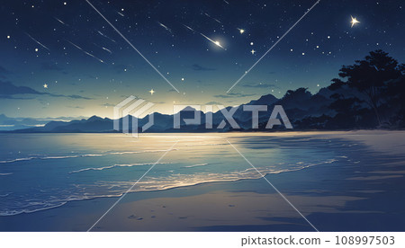 夢幻般的星空和海灘的插圖 夢幻般的星空和海灘的插圖 108997503