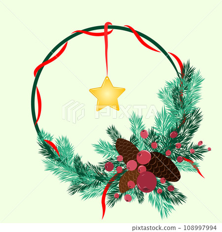 Christmas wreath with red ribbon with star, berries and pins. Vector Christmas wreath with red ribbon with star, berries and pins. Vector 108997994