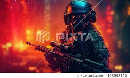special forces woman in the city at war. 108998150