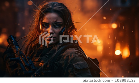special forces woman in the city at war. 108998152