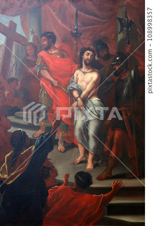 1st Stations of the Cross, Jesus is condemned to death, Basilica of St. Vitus in Ellwangen, Germany 108998357