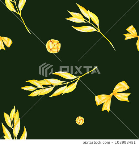 Golden jingle bells, bow-knots, branches,. Watercolor hand drawn seamless pattern with Christmas elements. Winter symbols for holiday season prints, packing, textile, packing paper, fabric, background 108998481