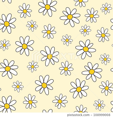 Seamless pattern with chamomile in doodle style. Daisy flower seamless on yellow background. Floral vector illustration for print. 108999008