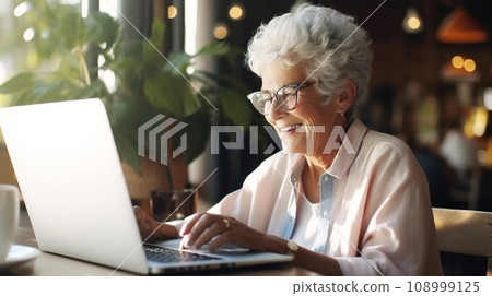 Engrossed in the digital world, this elderly lady with silver-hair and stylish glasses types at a caf?, a picture of active aging in today's connected society, modern technology for senior Engrossed in the digital world, this elderly lady with silver-hair and stylish glasses types at a caf?, a picture of active aging in today's connected society, modern technology for senior 108999125
