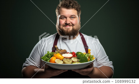 Chef with charming smile presents healthy, balanced and hearty vegetarial plate, assorted vegetables, and potatoes, showcasing a nutritious gourmet dishes that are as nutritious as they are delicious Chef with charming smile presents healthy, balanced and hearty vegetarial plate, assorted vegetables, and potatoes, showcasing a nutritious gourmet dishes that are as nutritious as they are delicious 108999132