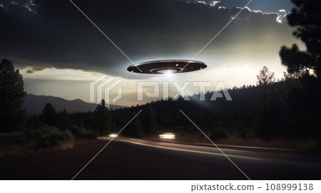 Dramatic encounter on a country highway: a car faces a large, gleaming alien spacecraft, bridging the gap between modern myths and unexplained events Dramatic encounter on a country highway: a car faces a large, gleaming alien spacecraft, bridging the gap between modern myths and unexplained events 108999138