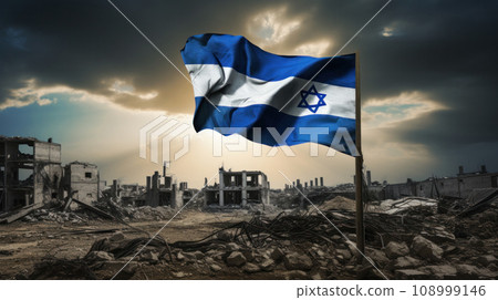 The Israeli flag stands resilient amidst the ruins, symbolizing hope and perseverance in the face of destruction, as a beacon of enduring national identity and remembrance 108999146