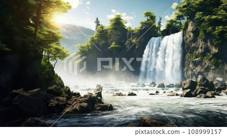 Majestic waterfall surrounded by lush greenery and illuminated by the soft light of the sun, conveys the power and beauty of nature, tranquility, exploration, adventure, and natural wonders concept 108999157