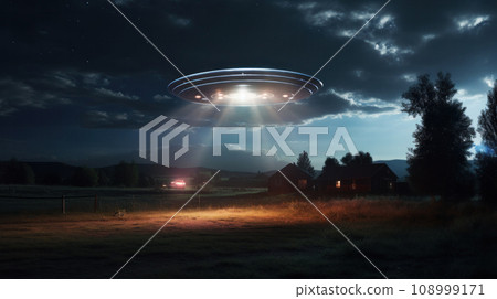 Hovering UFO casts a beam over a solitary house on a country lane, light bathing the landscape in an otherworldly glow,embodying the unknown, adventure, and the vastness of our universe 108999171
