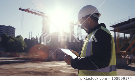 Foreman in a white hard hat and safety vest, against the backdrop of a construction site, is looking at a tablet screen. Monitoring and Management, Workplace Safety concept, leader and project manager 108999174