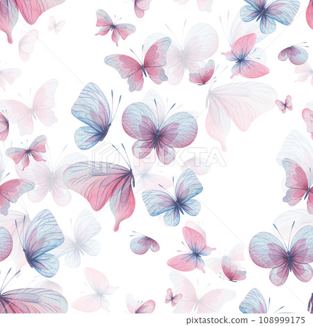 Butterflies are pink, blue, lilac, flying, delicate with wings and splashes of paint. Hand drawn watercolor illustration. Seamless pattern on a white background, for design. 108999175