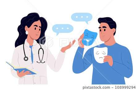 Person with imposter syndrome at the doctor. Bipolar disorder. Fake faces and emotions . Person with imposter syndrome at the doctor. Bipolar disorder. Fake faces and emotions . 108999294