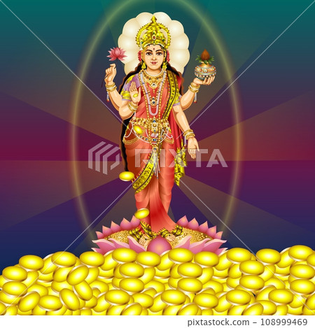 Goddess Laxmi with gold coins on colorful background. Goddess Laxmi with gold coins on colorful background. 108999469