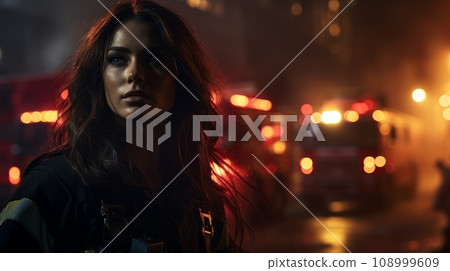 female firefighter at night. female firefighter at night. 108999609
