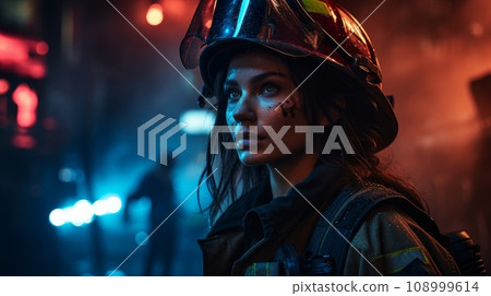 female firefighter at night. female firefighter at night. 108999614