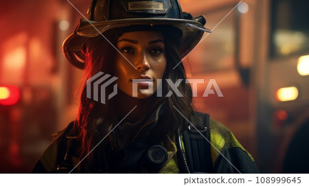 female firefighter at night. female firefighter at night. 108999645