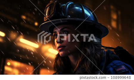 female firefighter at night. 108999648