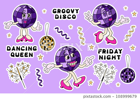 Sticker set in 90s style with disco ball character. Vintage funny cartoon character, disco party related items, groovy hand drawn lettering. Perfect for printout, stickers, prints 108999679
