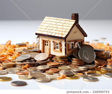house model and coins on white background. real estate and investment concept. 108999743